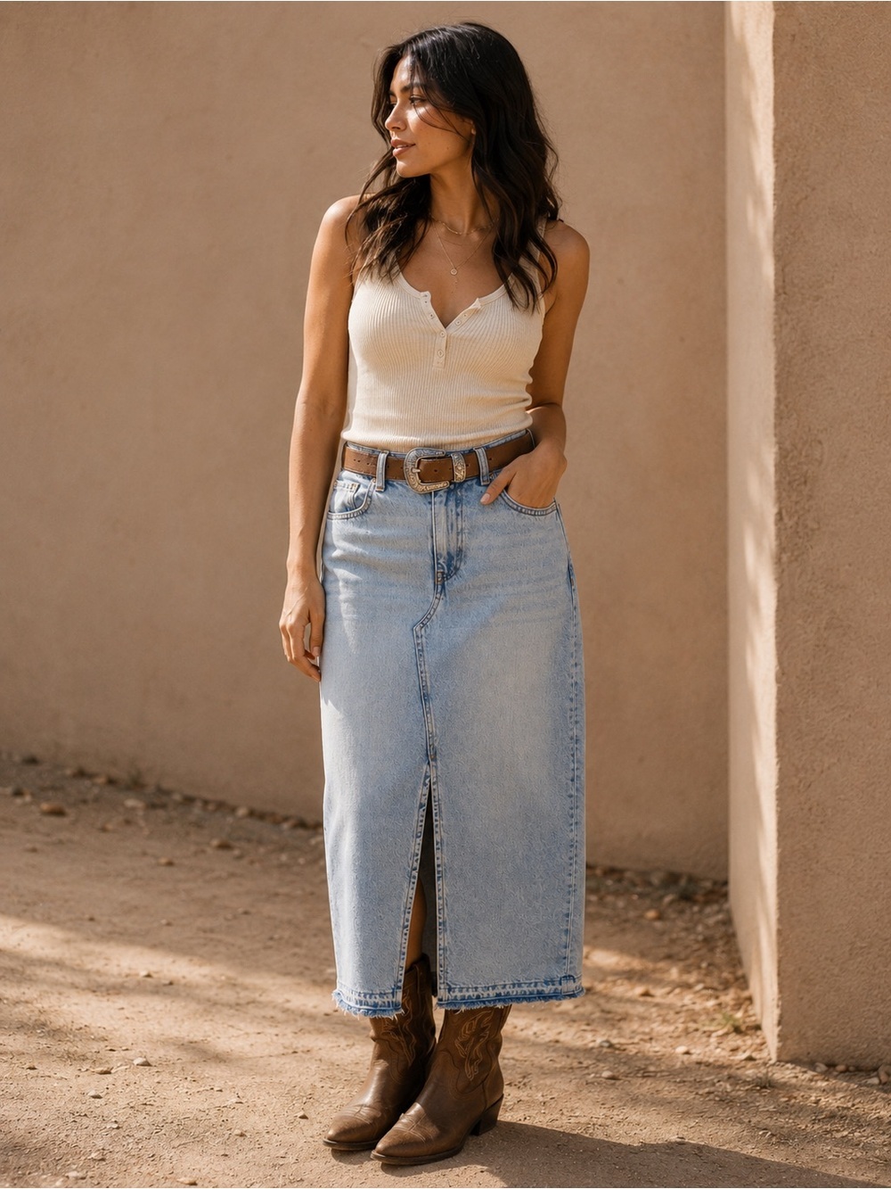 Light Wash Denim Skirt | Western Inspired | High Rise Front Slit Jean Skirt